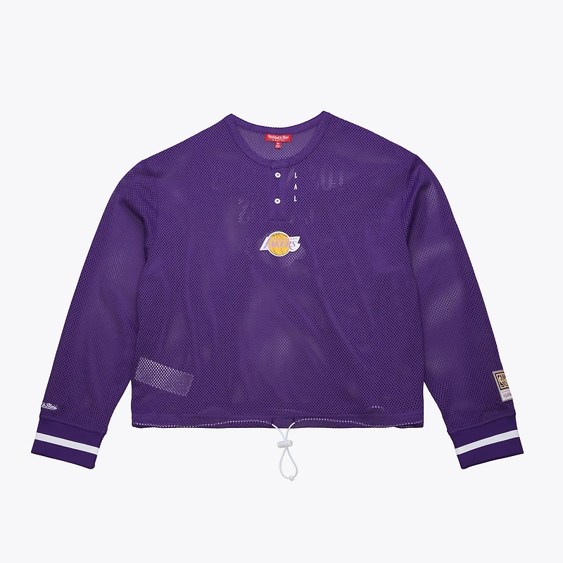 Women's Mitchell & Ness  Purple Los Angeles Lakers Hardwood Classics Henley Mesh Long Sleeve Cropped Top