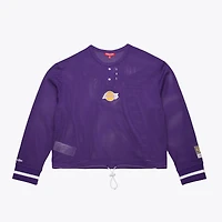Women's Mitchell & Ness  Purple Los Angeles Lakers Hardwood Classics Henley Mesh Long Sleeve Cropped Top