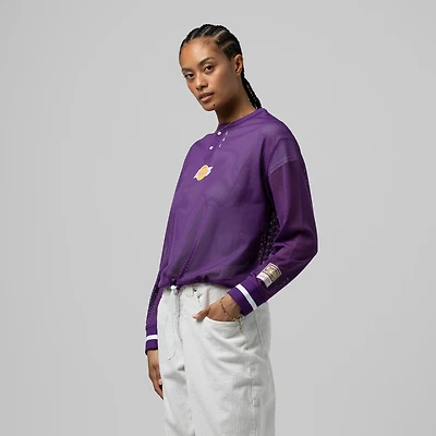 Women's Mitchell & Ness  Purple Los Angeles Lakers Hardwood Classics Henley Mesh Long Sleeve Cropped Top