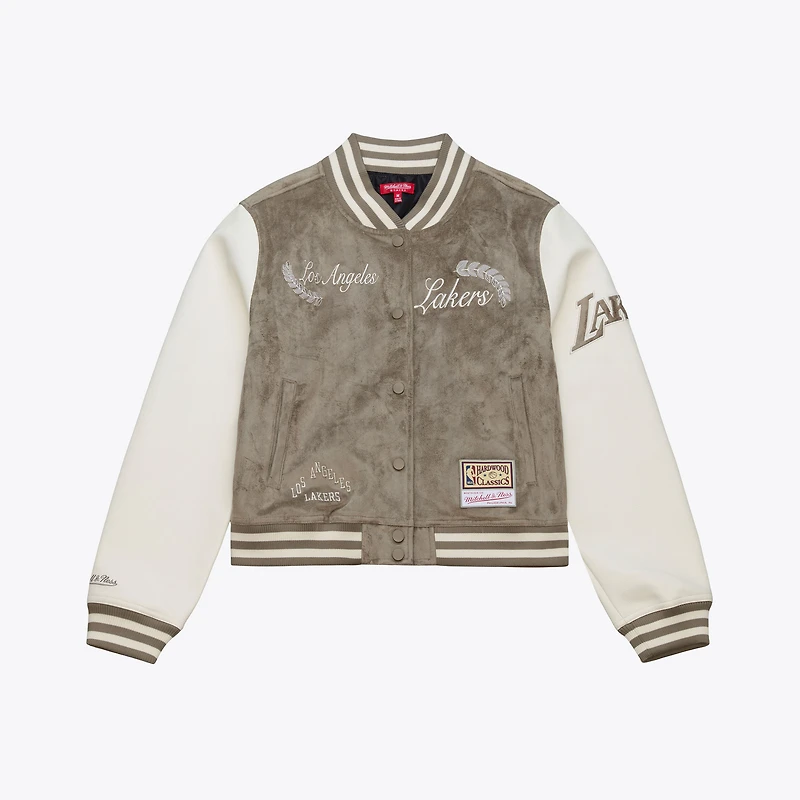 Veste universitaire Mitchell & Ness beige Los Angeles Lakers pour femme, à boutons-pression.