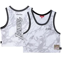 Débardeur court Mitchell & Ness blanc Los Angeles Lakers Hardwood Classics à motif marbre pour femme