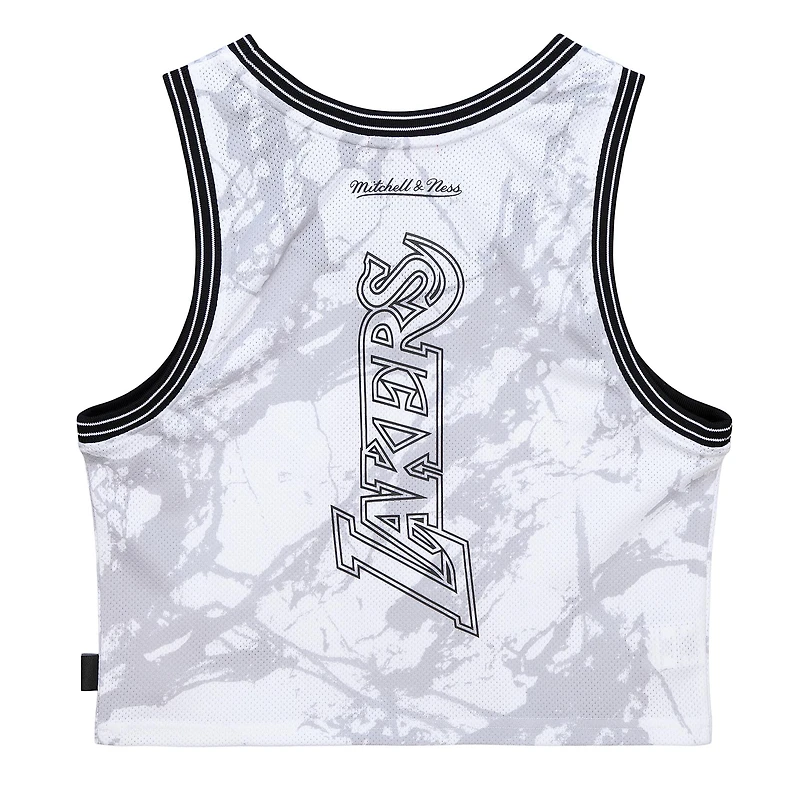 Débardeur court Mitchell & Ness blanc Los Angeles Lakers Hardwood Classics à motif marbre pour femme