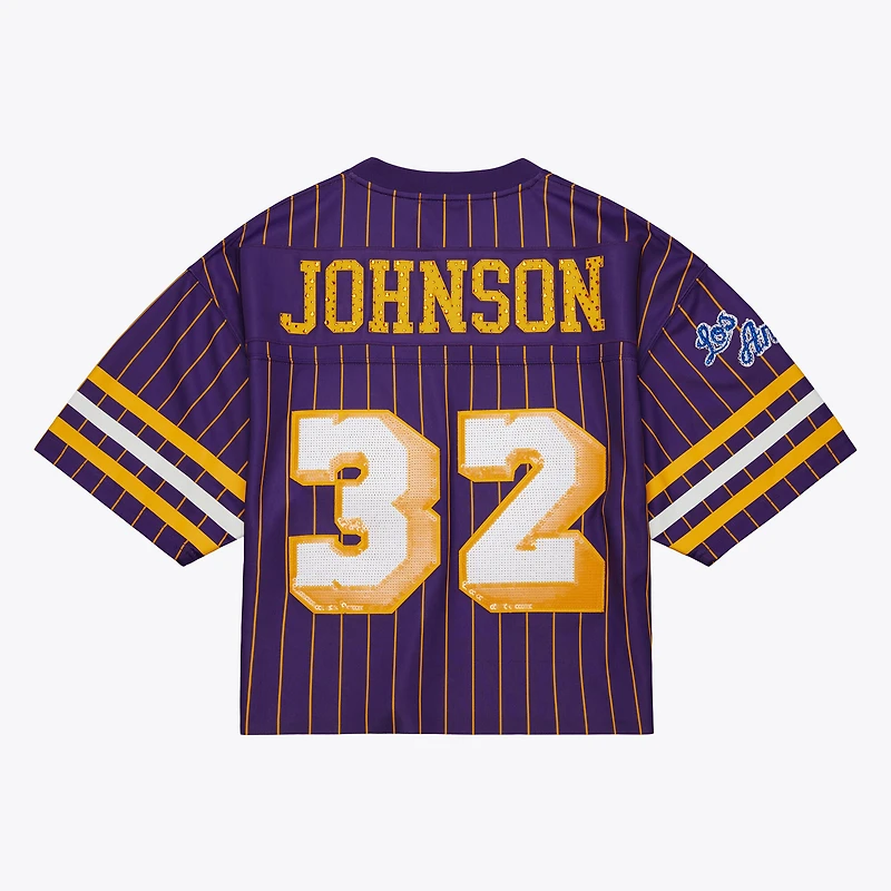 Women's Mitchell & Ness x DANNIJO Magic Johnson Purple Los Angeles Lakers Cropped Football Fashion Jersey