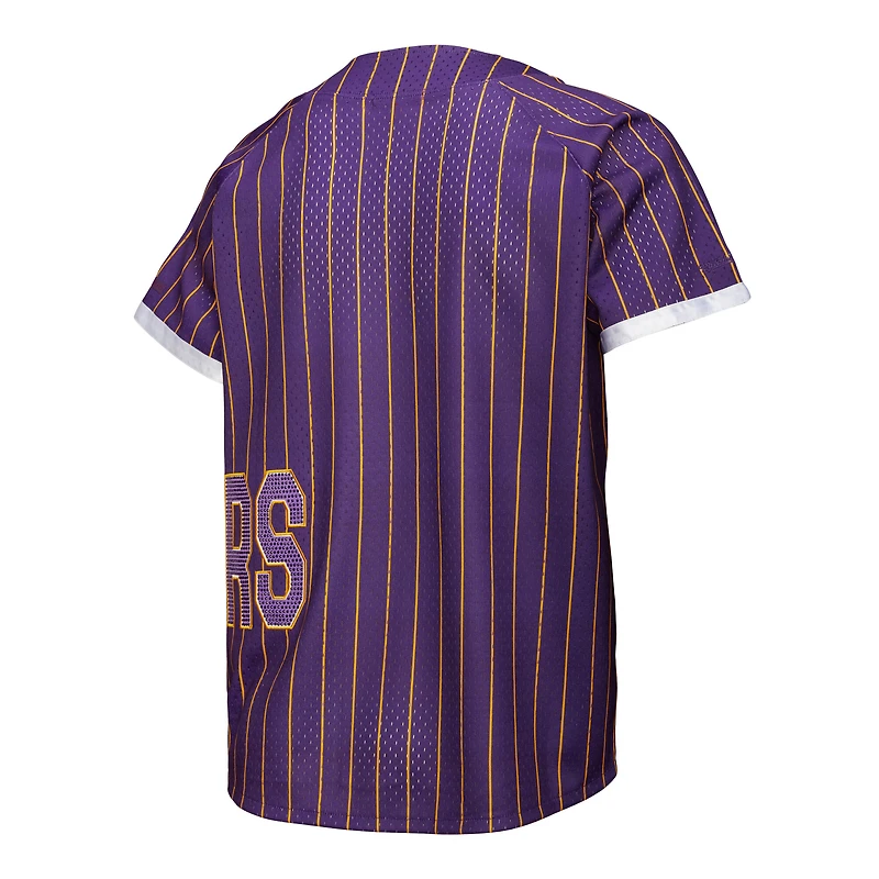 Maillot de baseball violet Mitchell & Ness x DANNIJO pour femme, modèle tendance des Los Angeles Lakers