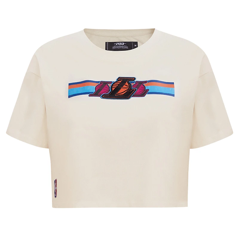 Women's Pro Standard Cream Los Angeles Lakers Retro Striper SJ Cropped Boxy T-Shirt