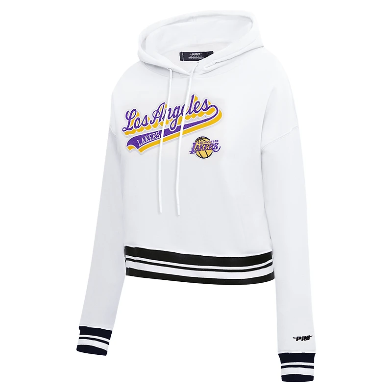 Women's Pro Standard White Los Angeles Lakers Script Tail Cropped Pullover Hoodie