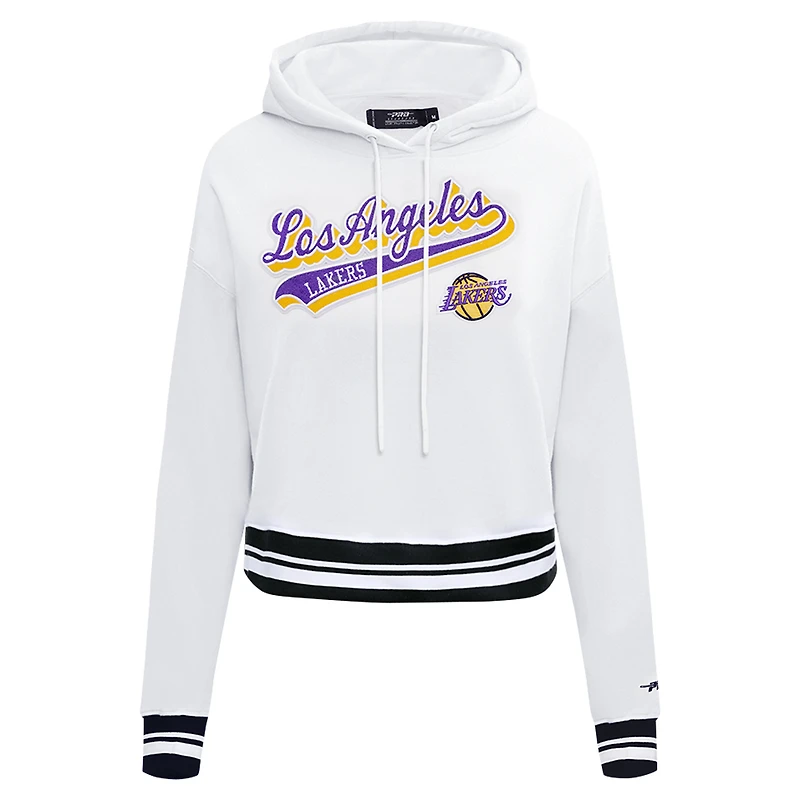 Women's Pro Standard White Los Angeles Lakers Script Tail Cropped Pullover Hoodie