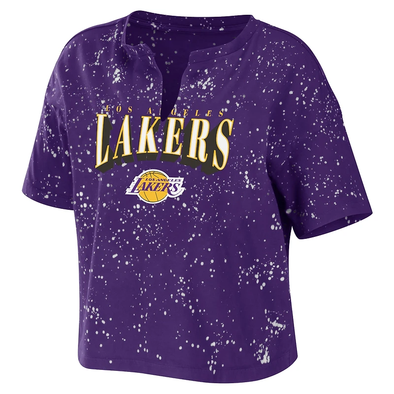 Women's WEAR by Erin Andrews Purple Los Angeles Lakers Bleach Splatter Notch Neck T-Shirt