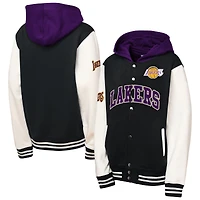 Youth Mitchell & Ness Black Los Angeles Lakers Hardwood Classics Courtside Fleece Full-Snap Hoodie Jacket