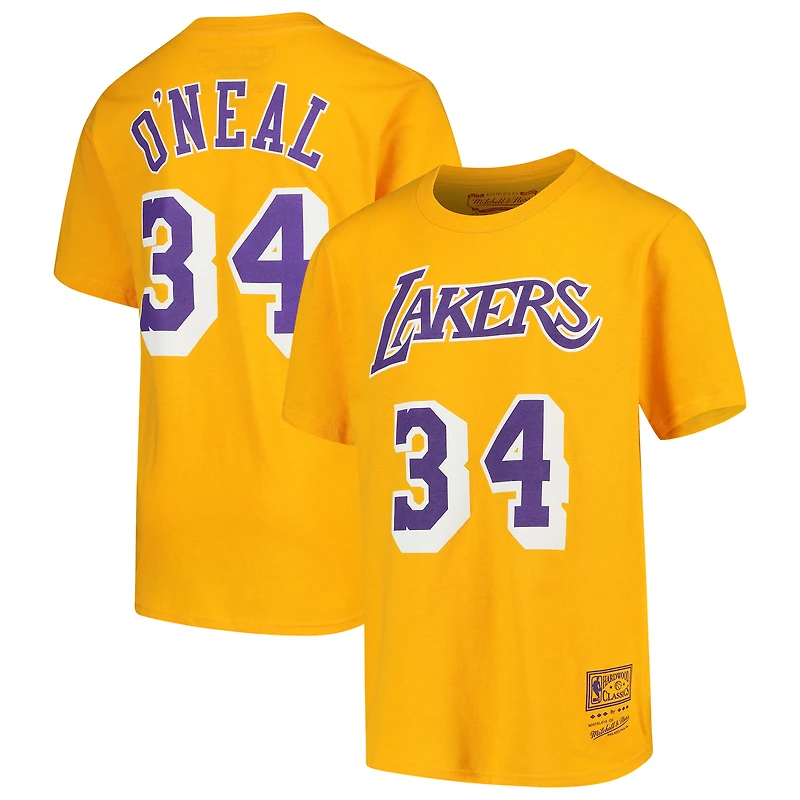 T-shirt avec nom et numéro pour jeune Mitchell & Ness Shaquille O'Neal Gold Los Angeles Lakers Hardwood Classics