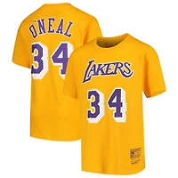 T-shirt avec nom et numéro pour jeune Mitchell & Ness Shaquille O'Neal Gold Los Angeles Lakers Hardwood Classics