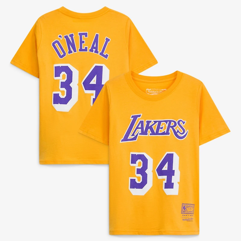 T-shirt avec nom et numéro pour jeune Mitchell & Ness Shaquille O'Neal Gold Los Angeles Lakers Hardwood Classics