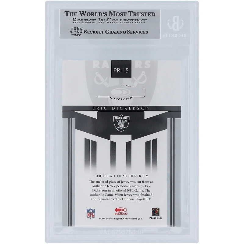 Maillot rouge des Raiders de Los Angeles autographié par Eric Dickerson, relique n° PR-15, signé Donruss Gridiron Gear 2006, carte authentique signée Beckett Fanatics