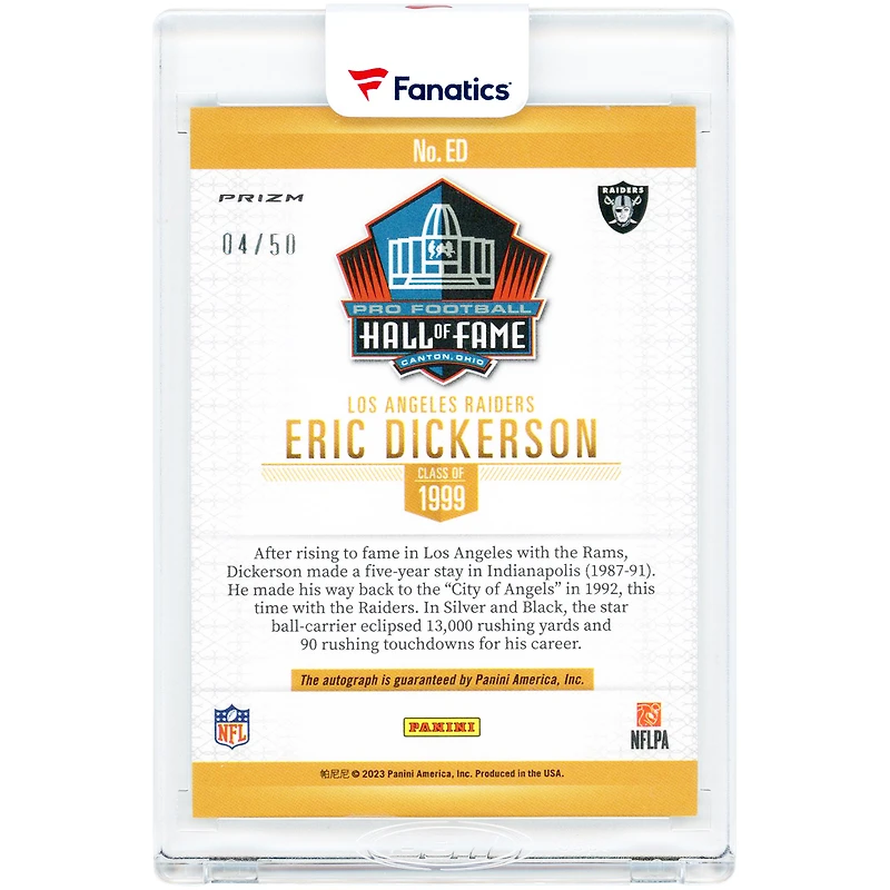 Carte autographiée d'Eric Dickerson, Los Angeles Raiders, Panini Hall of Fame 2023, n° ED, n° 4/50