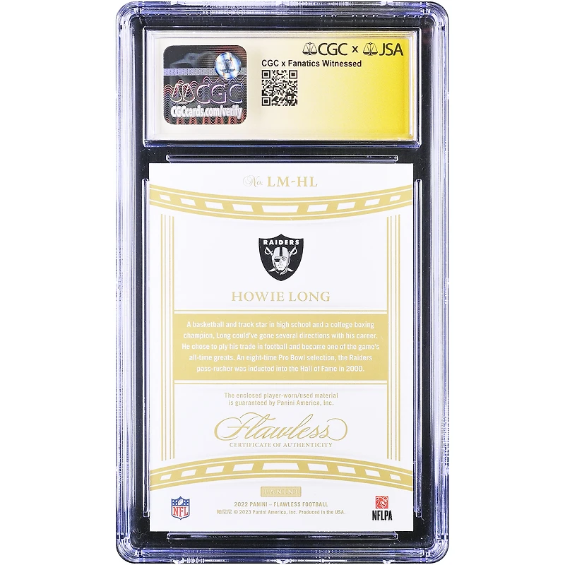 Howie Long Los Angeles Raiders Autographed 2022 Panini Flawless Sapphire #LM-HL #/5 CGC Authenticated 9/10 Card