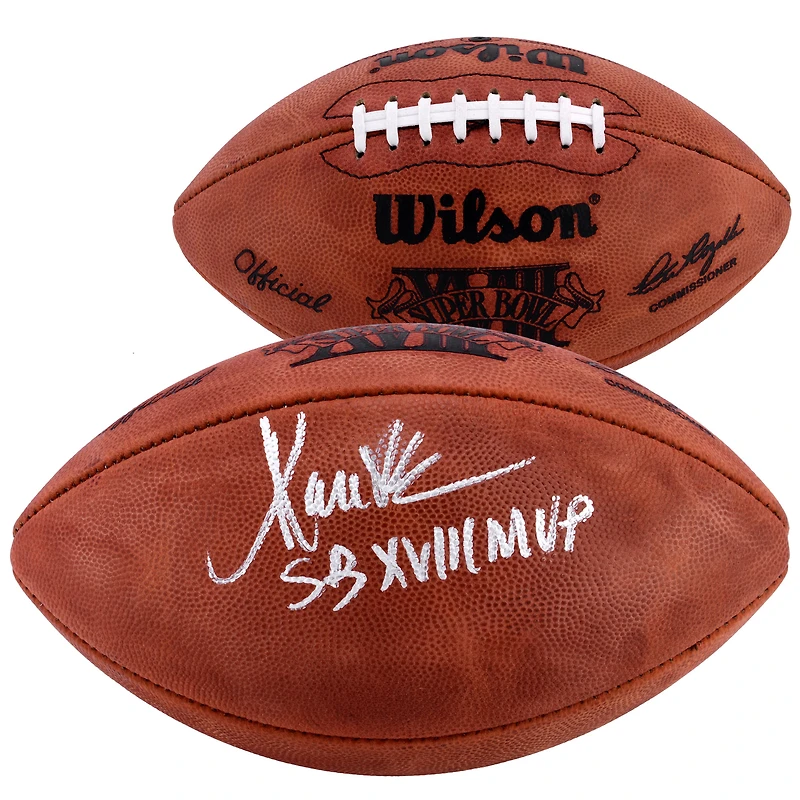 Ballon de football américain du Super Bowl XVIII autographié par Marcus Allen des Raiders de Los Angeles avec inscription « MVP du SB XVIII ».