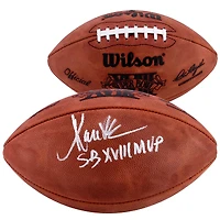 Ballon de football américain du Super Bowl XVIII autographié par Marcus Allen des Raiders de Los Angeles avec inscription « MVP du SB XVIII ».