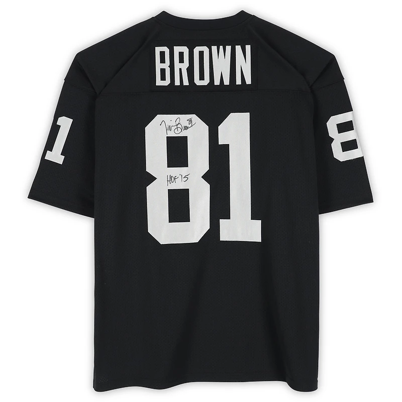 Maillot authentique Mitchell & Ness noir autographié par Tim Brown des Los Angeles Raiders de 1994 avec inscription « HOF 15 »