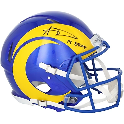 Casque Riddell Speed Authentic autographié par Aaron Donald, joueur des Rams de Los Angeles, avec inscription « 14 DROY ».