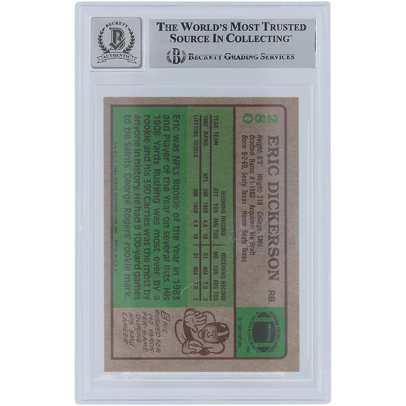 Carte de recrue autographiée par Eric Dickerson des Los Angeles Rams, numéro 280 de Beckett, numéro 10, signée par les fans de 1984