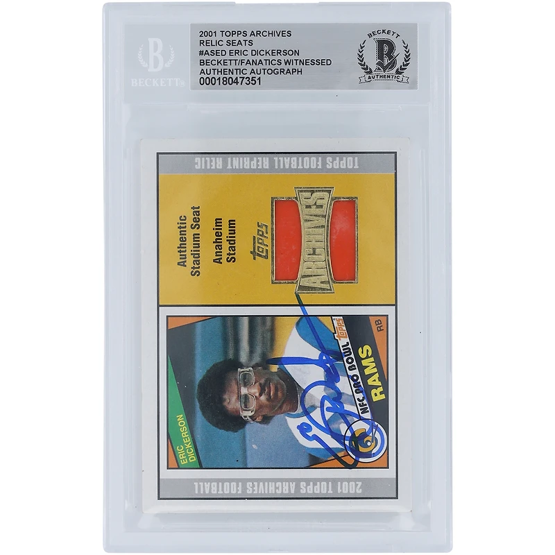 Eric Dickerson Los Angeles Rams Autographié 2001 Topps Archives Authentique Siège de Stade Relique #280 Beckett Fanatics Témoin Carte Authentifiée