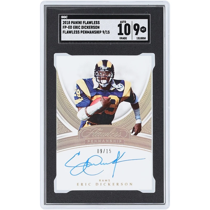 Carte autographiée par Eric Dickerson (Los Angeles Rams), Panini 2018, édition limitée « Flawless », écriture impeccable, numéro FP-ED, authentifiée SGC 9/10 (9/15).