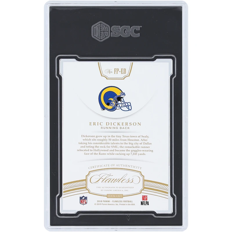 Carte autographiée par Eric Dickerson (Los Angeles Rams), Panini 2018, édition limitée « Flawless », écriture impeccable, numéro FP-ED, authentifiée SGC 9/10 (9/15).