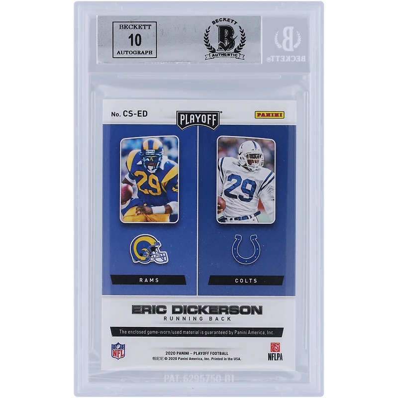 Maillot double relique autographié des séries éliminatoires Panini 2020 d'Eric Dickerson des Los Angeles Rams #CS-ED, carte 9/10 authentifiée et témoin des fanatiques de Beckett