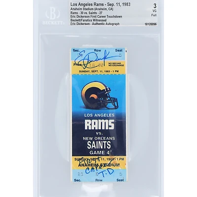 Billet VG 3 authentifié et autographié par Eric Dickerson des Los Angeles Rams, signé Beckett Fanatics, du 11 septembre 1983, avec l'inscription « First Career TD »
