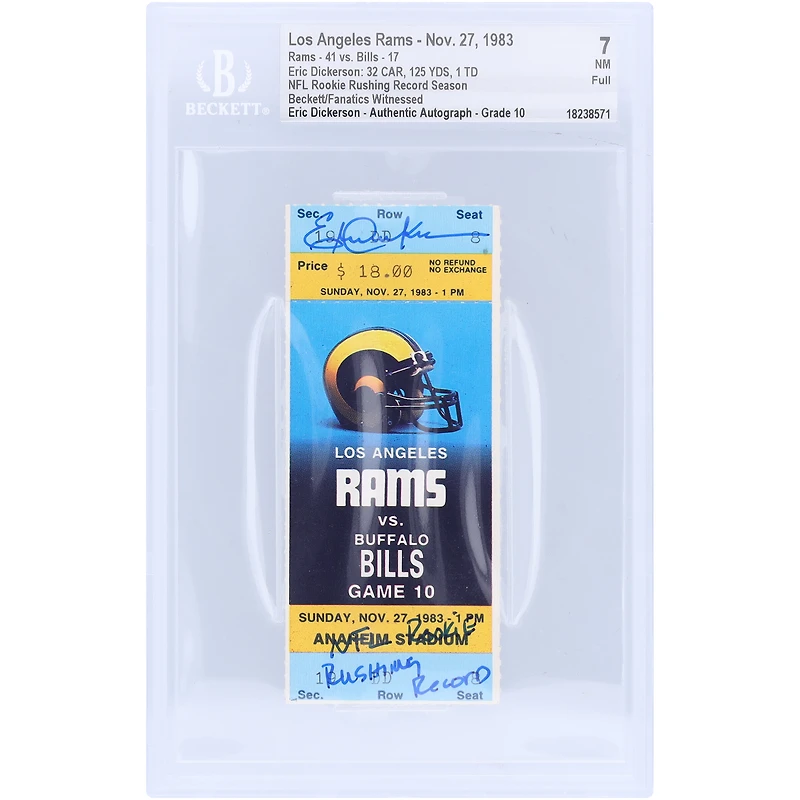 Billet autographié par Eric Dickerson des Los Angeles Rams, record de précipitations pour les recrues de la NFL, saison 2019. Les fans de Beckett ont été témoins d'un billet authentifié 7/10 du 27 novembre 1983 avec l'inscription « NFL Rookie Rushing Record ».