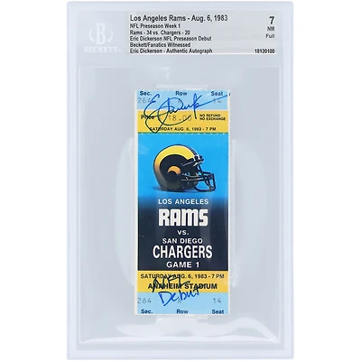 Billet NM 7 authentifié dédicacé par Eric Dickerson des Los Angeles Rams pour la première semaine de la pré-saison, semaine 1, par les fans de Beckett, daté du 6 août 1983, avec l'inscription « NFL Debut »