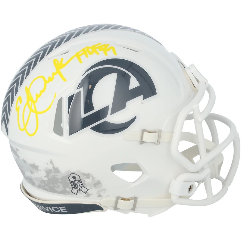Casque Riddell 2024 Salute To Service Speed ​​Mini autographié par Eric Dickerson des Los Angeles Rams avec inscription « HOF 99 » - Signé à l'encre jaune