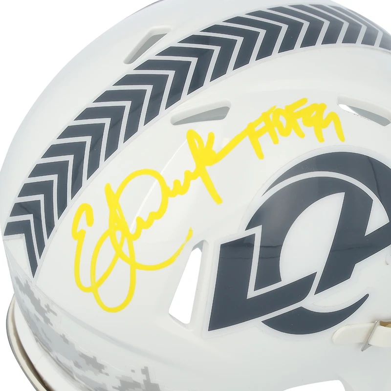 Casque Riddell 2024 Salute To Service Speed ​​Mini autographié par Eric Dickerson des Los Angeles Rams avec inscription « HOF 99 » - Signé à l'encre jaune