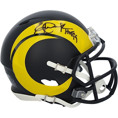 Casque miniature Riddell Rivalry Speed autographié par Eric Dickerson, joueur des Rams de Los Angeles, avec inscription « HOF 99 ».