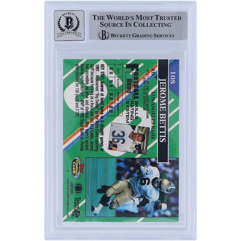Jerome Bettis Los Angeles Rams Autographed 1993 Topps Stadium Club #108 Beckett Fanatics Witnessed Authenticated 10 Rookie Card