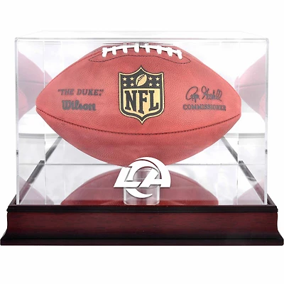 Vitrine en acajou ornée du logo de l'équipe de football des Rams de Los Angeles, avec fond miroir.