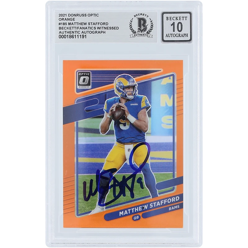 Matthew Stafford Los Angeles Rams Autographed 2021 Panini Donruss Optic Orange Prizm #185 #/199 Beckett Fanatics Witnessed Authenticated 10 Card