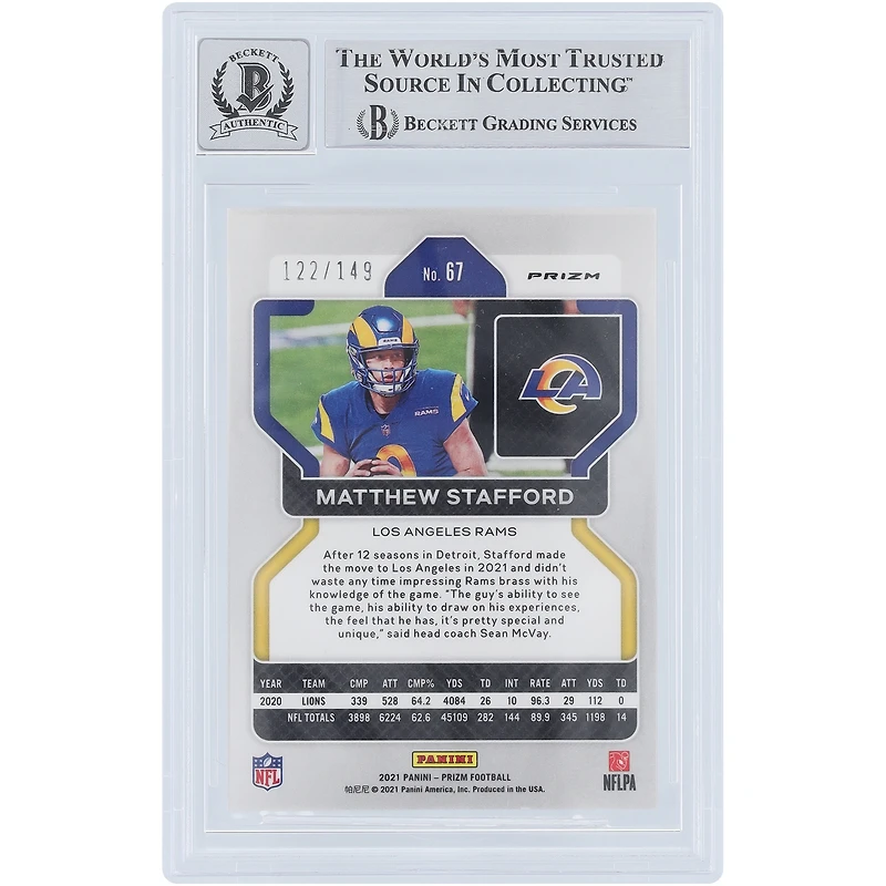 Matthew Stafford Los Angeles Rams Autographed 2021 Panini Prizm Red Wave Prizm #67 #/149 Beckett Fanatics Witnessed Authenticated 9/10 Card