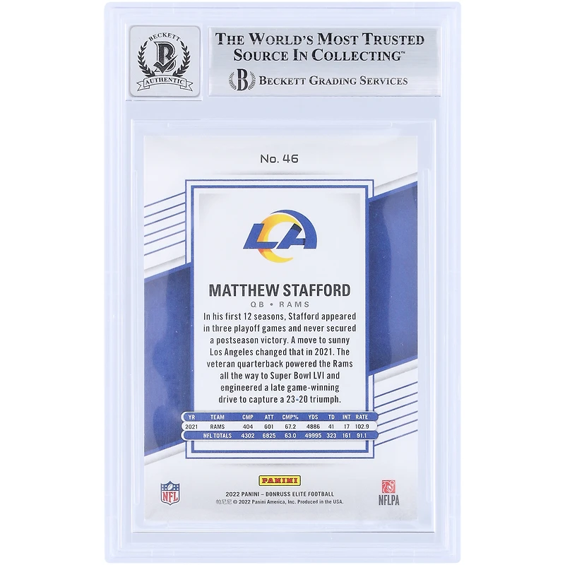 Matthew Stafford Los Angeles Rams Autographed 2022 Panini Donruss Elite Red #46 #/399 Beckett Fanatics Witnessed Authenticated 9/10 Card