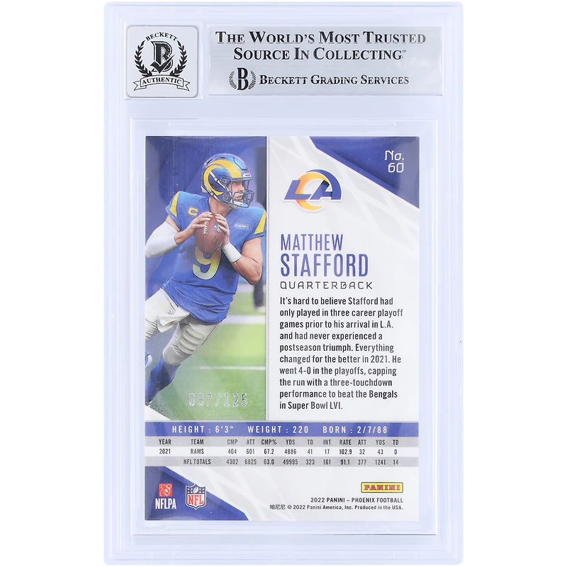 Matthew Stafford Los Angeles Rams Autographed 2022 Panini Phoenix Purple #60 #/125 Beckett Fanatics Witnessed Authenticated 9/10 Card