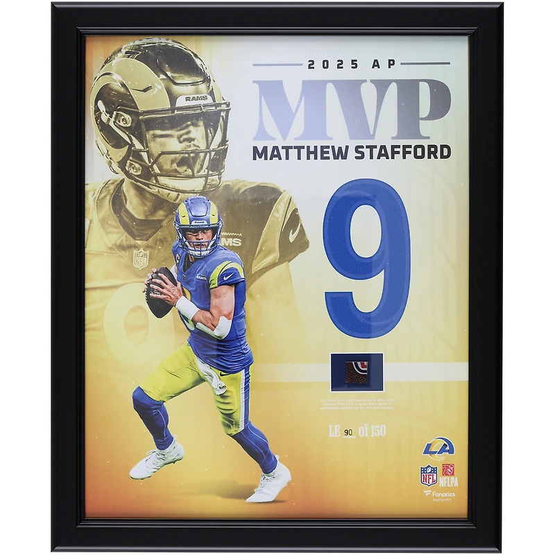 Collage encadré 40,6 x 50,8 cm (16 x 20 pouces) de Matthew Stafford, joueur le plus utile de la NFL en 2025, avec un morceau de ballon utilisé en match - Édition limitée à 150 exemplaires