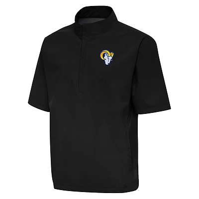 Coupe-vent à manches courtes et fermeture éclair quart de tour Antigua Black Los Angeles Rams pour homme
