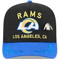 Casquette ajustée New Era 59FIFTY noire/bleu marine pour homme, modèle A-Frame, draft NFL 2025, Los Angeles Rams, sur scène