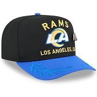 Casquette ajustée New Era 59FIFTY noire/bleu marine pour homme, modèle A-Frame, draft NFL 2025, Los Angeles Rams, sur scène
