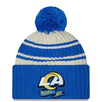 Pour homme New Era Crème/Royal Los Angeles Rams 2022 Sideline - Tuque en tricot à revers sport avec pompons