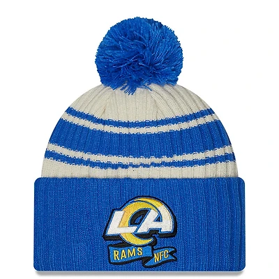 Men's New Era Cream/Royal Los Angeles Rams 2022 Sideline - Sport Cuffed Pom Knit Hat