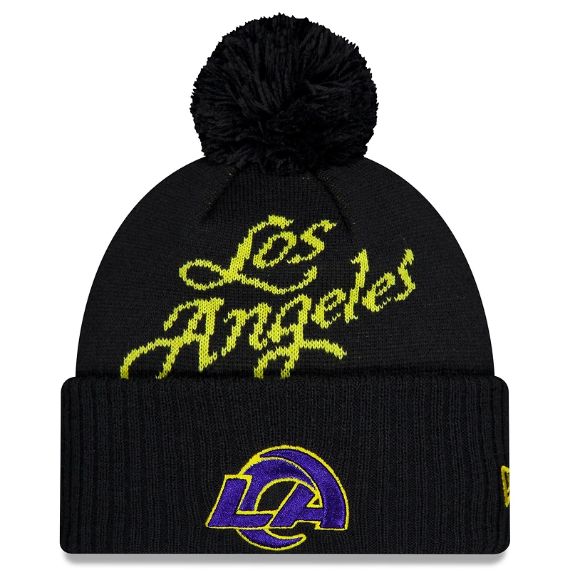 Bonnet en tricot à revers et pompon bleu nuit New Era pour homme, collection Rivalries 2025 des Los Angeles Rams