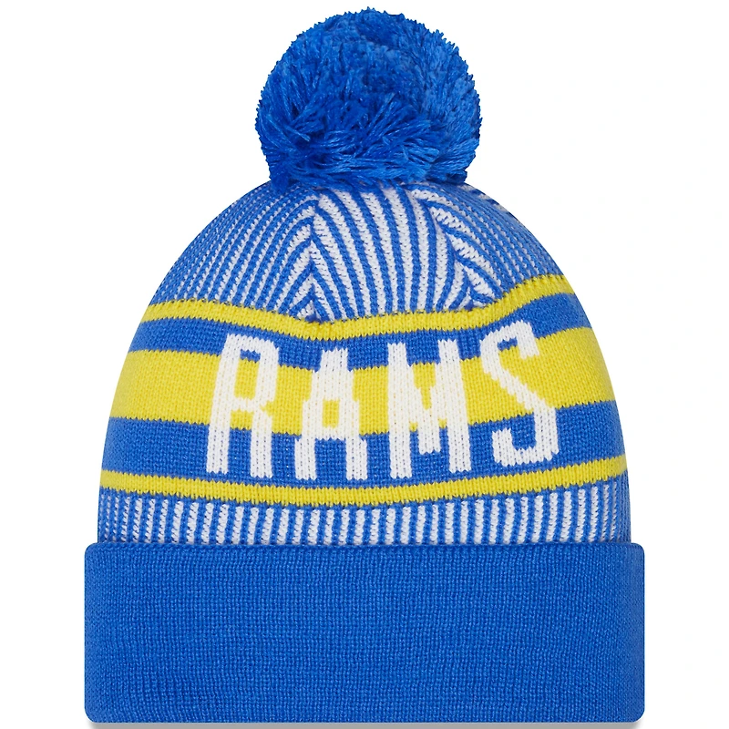 Bonnet en tricot à revers rayé Royal Los Angeles Rams New Era pour hommes avec pompon