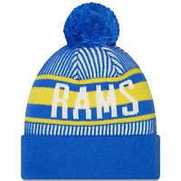 Bonnet en tricot à revers rayé Royal Los Angeles Rams New Era pour hommes avec pompon
