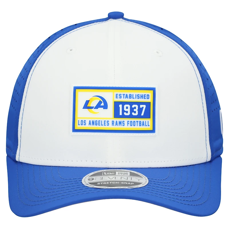 Casquette ajustable New Era 9SEVENTY blanche/bleue pour homme, Los Angeles Rams, Established Patch